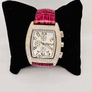 Vivani Womens Watch Rhinestone Pave Square Mother of Pearl Dial Red Leather Band